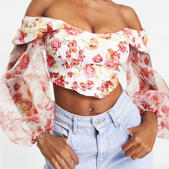 NWOT ASOS Luxe Floral Puff Sleeve Top Size 4 - Picture 1 of 11